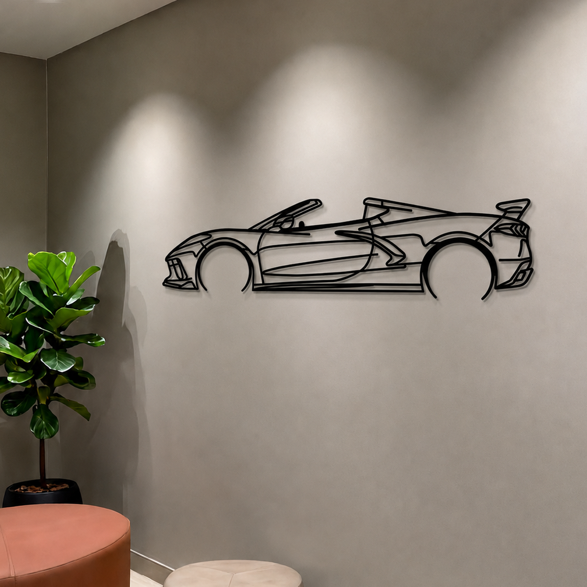 Corvette C8 Detailed Metal Car Wall Art displayed on wall