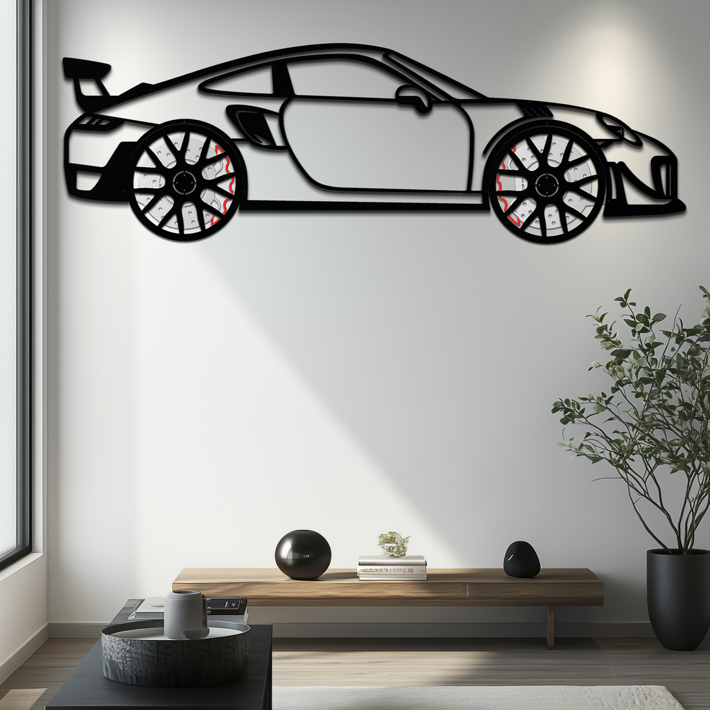Porsche 911 GT2 Metal Wall Art displayed on wall