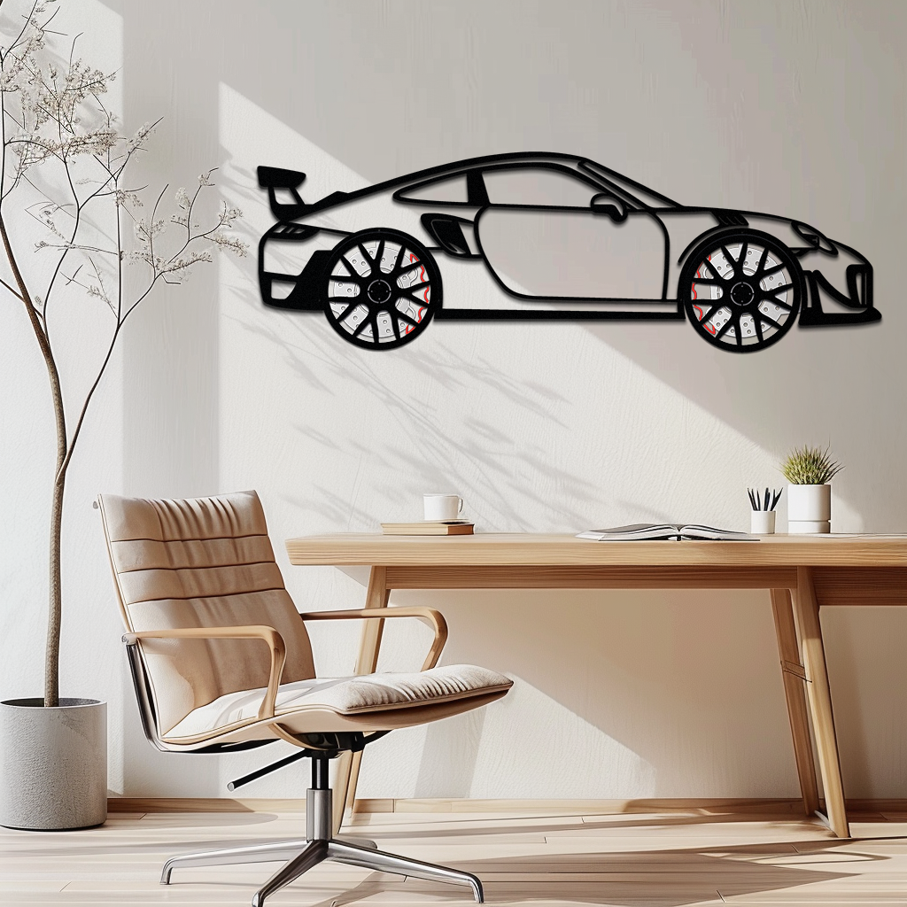 Porsche 911 GT2 Metal Wall Art with Rotating Wheels front view
