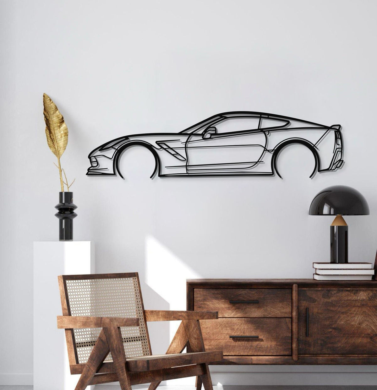 Corvette C7 Detailed Metal Car Wall Art displayed on wall