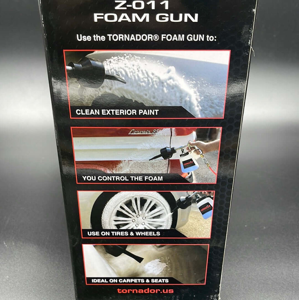 Tornador foam gun car cleaning sprayer showcasing cleaning capabilities for paint, tires, and seats.