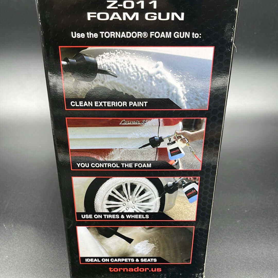 Tornador foam gun car cleaning sprayer showcasing cleaning capabilities for paint, tires, and seats.