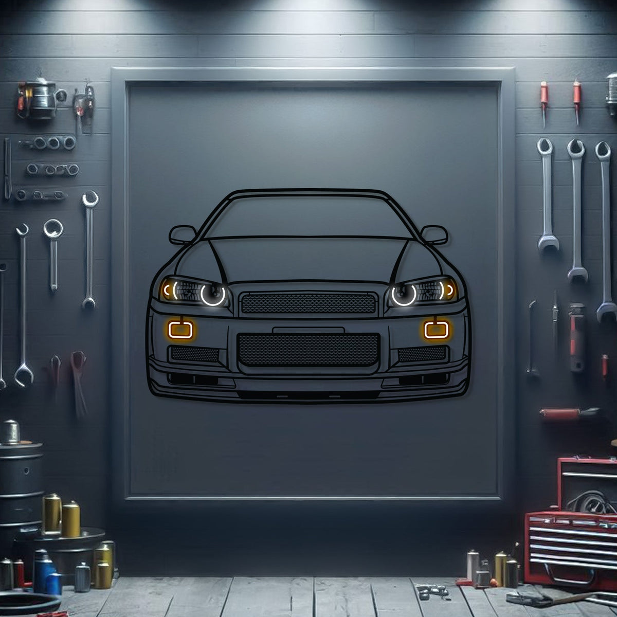 GT-R R34 Front View Metal Neon Car Wall Art - MTN0092 Main image